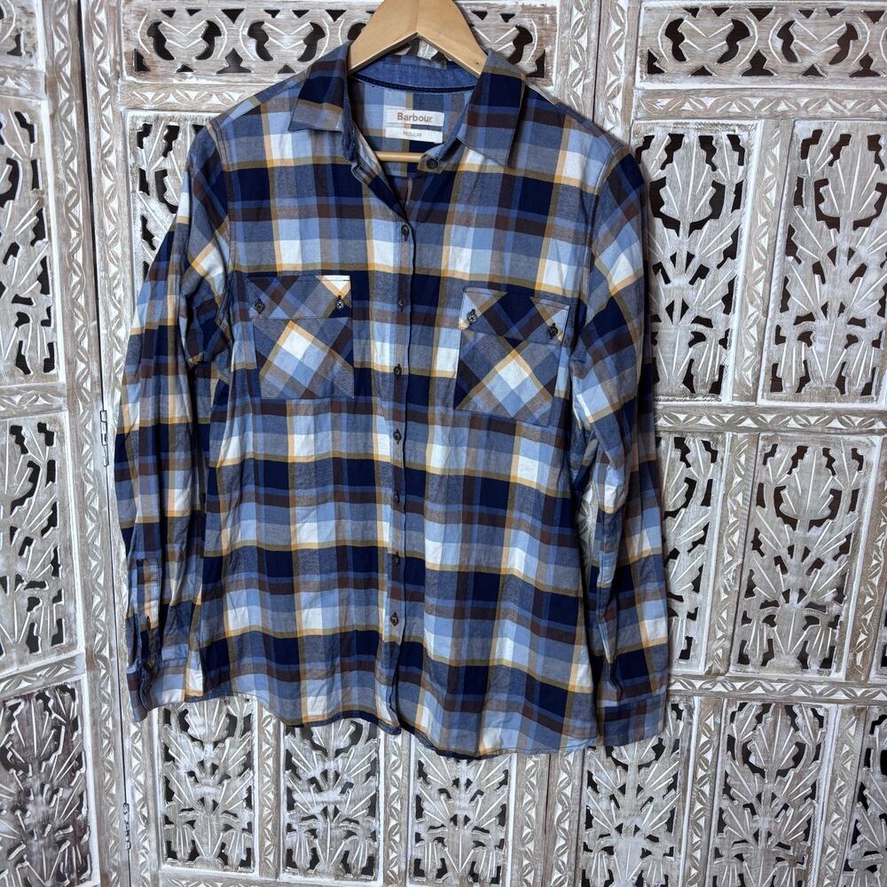 Barbour Women’s 100% Cotton Blue and Cream Plaid Button-Down Shirt Size US 10